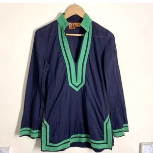 Tory Burch V-Neck Tunic Top Navy Green size 6